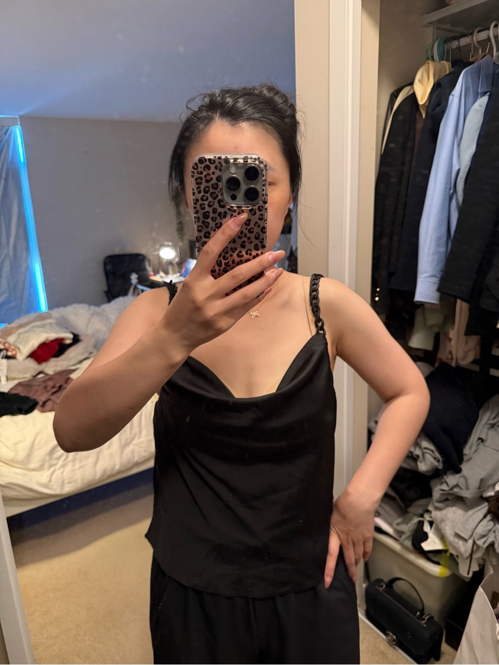 Zara Black Satin Cowl Neck Camisole with Braided Straps